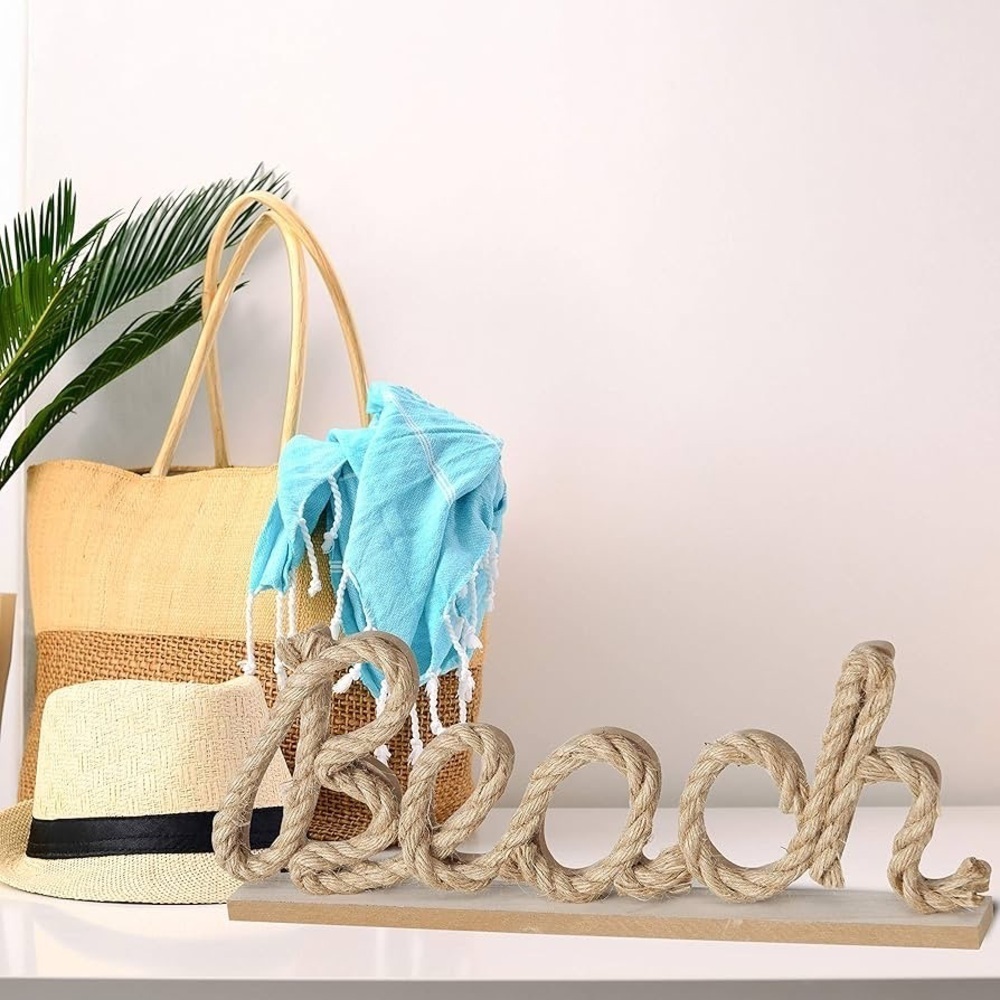 BEACH natural rope/cord accent plaque sign w coastal Mediterranean vibe